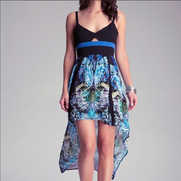 NWT Bebe Sz 6 Banded Hi Low Keyhole Bold Blue & Black Maxi Dress - Picture 1 of 9